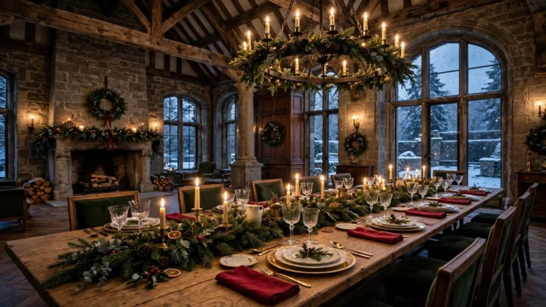 Grand stone manor dining room with a long oak Christmas table dressed in evergreen garland, candles, and red napkins at dusk