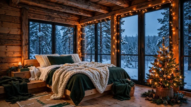 Cozy Christmas bedroom in a Scandinavian pine cabin at dusk with fairy lights, knit throws and a lit tree by snowy windows