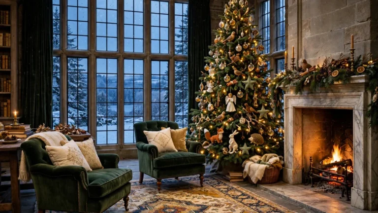Grand Christmas tree dressed with handmade ornaments in a stone manor drawing room with a lit marble fireplace