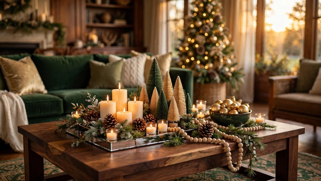 Warm traditional living room at golden hour with a walnut coffee table styled as a layered Christmas centerpiece