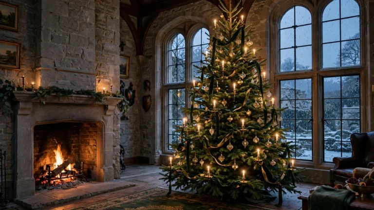 Grand stone manor great room with a Christmas tree decorated with candles and glass ornaments beside a crackling fireplace at dusk