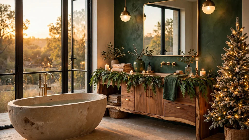 Modern organic bathroom at golden hour with a stone soaking tub, flocked Christmas tree and cedar garland on a wooden vanity