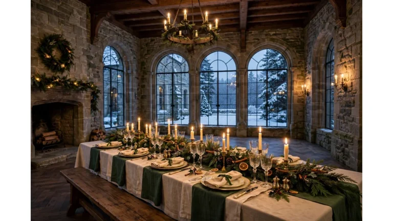 Grand Christmas dining hall in a stone manor with a candlelit holiday table, evergreen garland and snowy windows at dusk