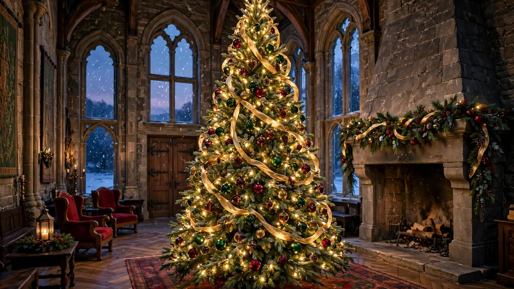 Grand Christmas tree with gold ribbon and glowing lights in a stone manor great hall at dusk