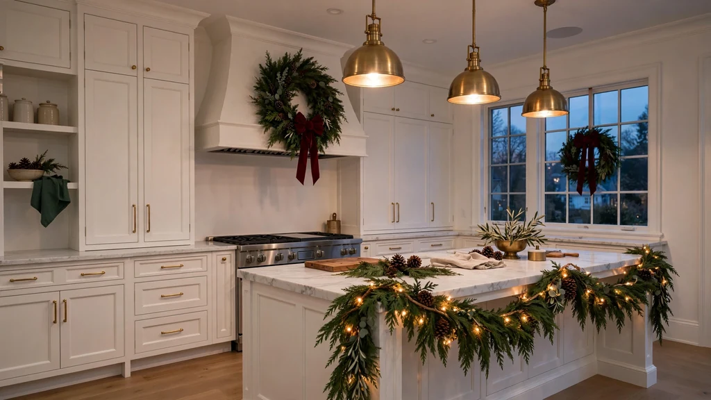 Elegant transitional Christmas kitchen at dusk with cedar garland island, brass pendants and wreath on range hood