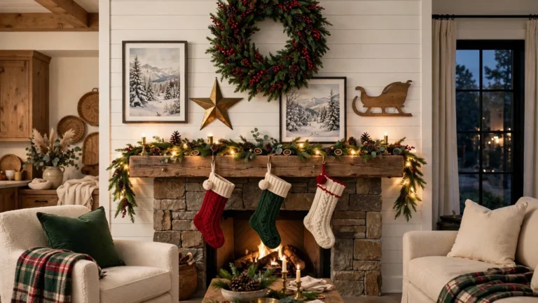 Christmas wall decor gallery above a stone fireplace mantel with evergreen wreath, snowy landscape prints, brass star and wooden sleigh
