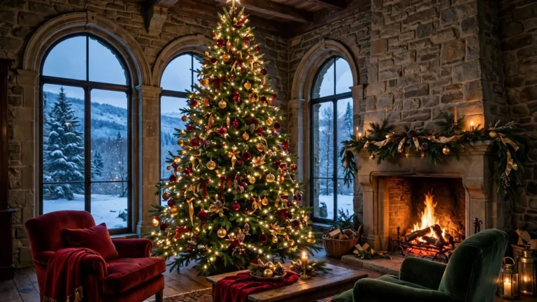 Grand Christmas tree with gold and red ornaments glowing beside a stone fireplace in a manor living room at dusk