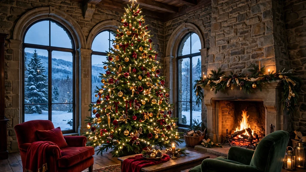 Grand Christmas tree with gold and red ornaments glowing beside a stone fireplace in a manor living room at dusk
