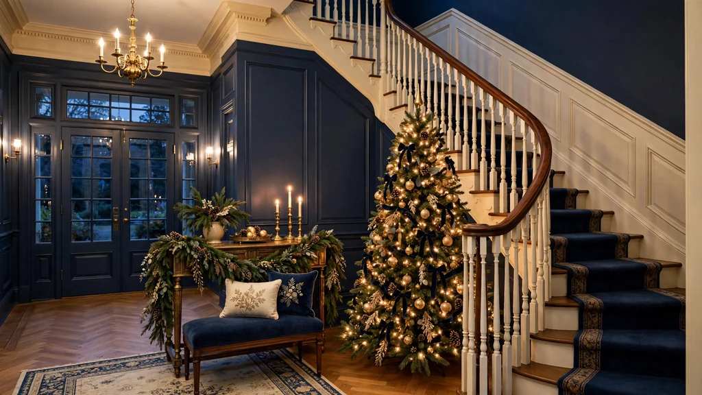 Colonial grand foyer at dusk with a lit Christmas tree, garland-draped console, bench and staircase in navy and gold