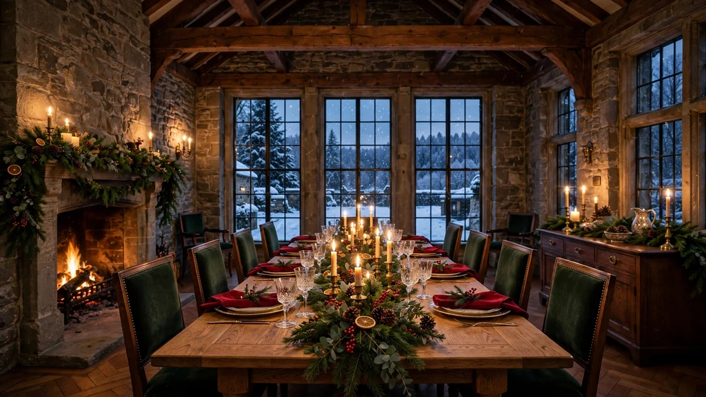 Elegant Christmas dining room in a stone manor with garland table runner, taper candles and snowy windows at dusk