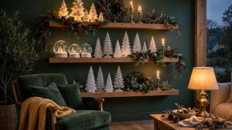 Cozy living room at dusk with Christmas shelves styled with ceramic trees, snow globes, berry wreaths and candlesticks