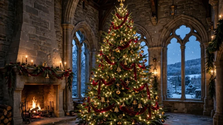 Grand Christmas tree with golden finial topper in a stone manor great hall at dusk