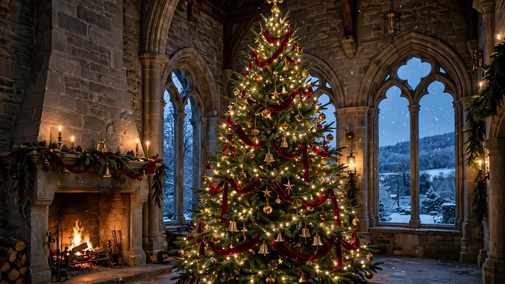 Grand Christmas tree with golden finial topper in a stone manor great hall at dusk
