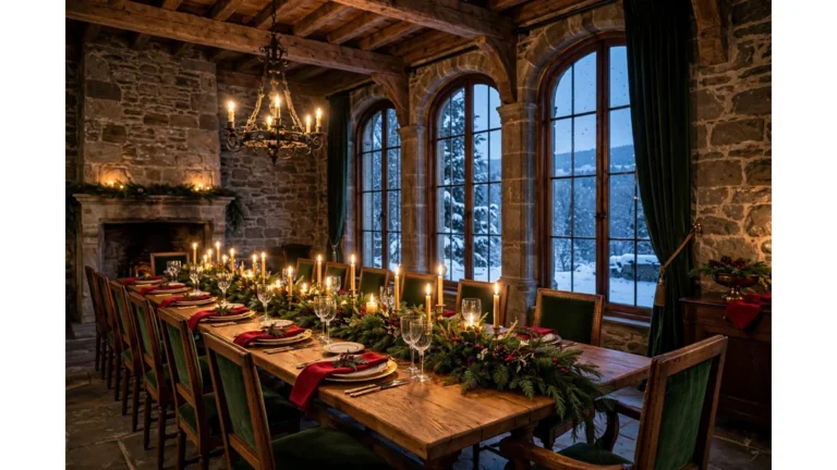 Grand stone manor Christmas dining room with candlelit evergreen centerpiece on long oak table at dusk