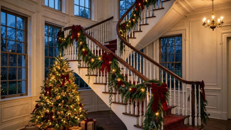 Grand colonial staircase at dusk with cascading cedar garland, red velvet bows and a glowing Christmas tree