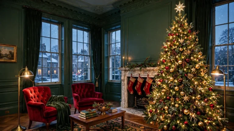 Grand Christmas tree with gold and red ornaments in an elegant green Georgian drawing room at dusk