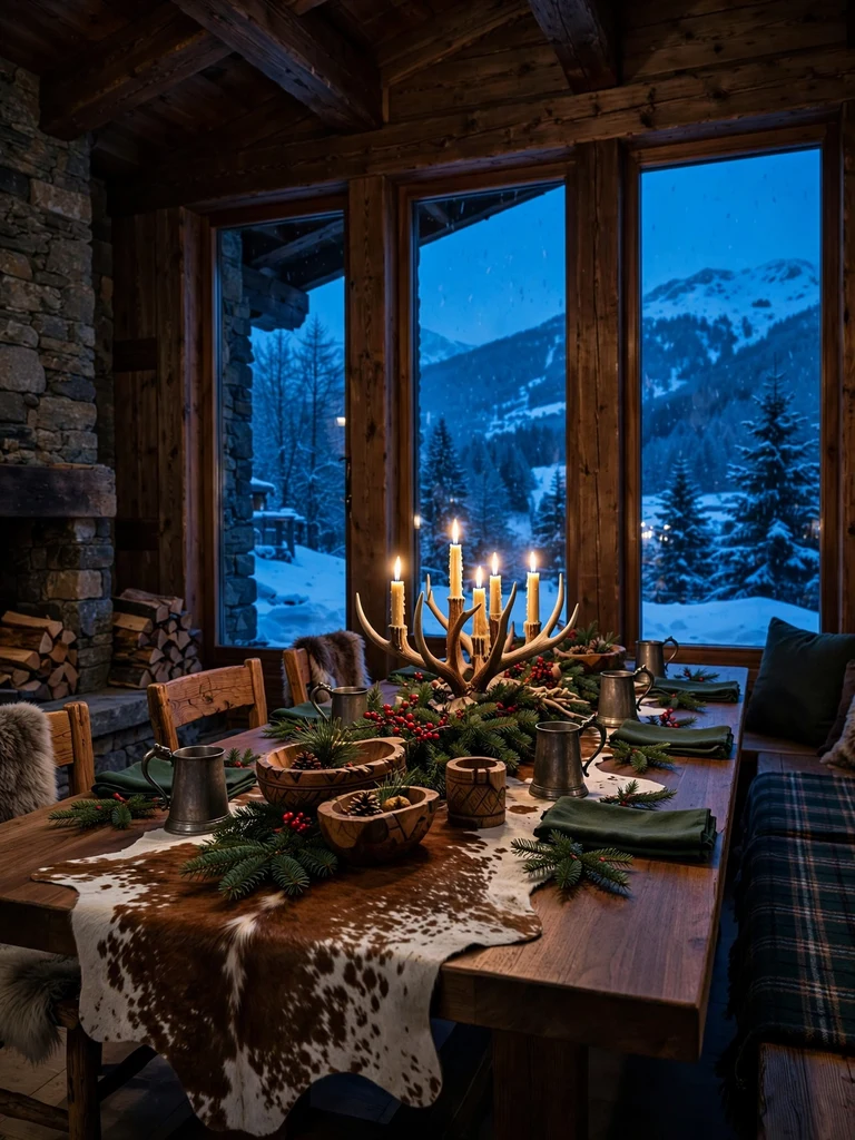 Alpine chalet Christmas table with a cowhide runner, antler candelabra and spruce boughs at blue hour