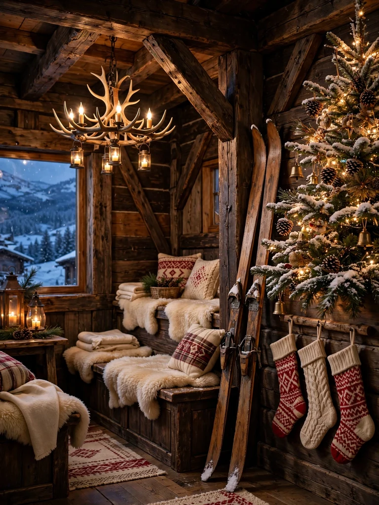 Snow-dusted Christmas tree with vintage wooden skis in a Tyrolean ski chalet lounge