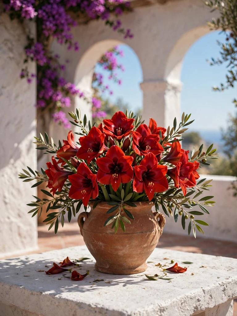 Terracotta urn with deep red amaryllis blooms and olive branches on Mediterranean villa terrace