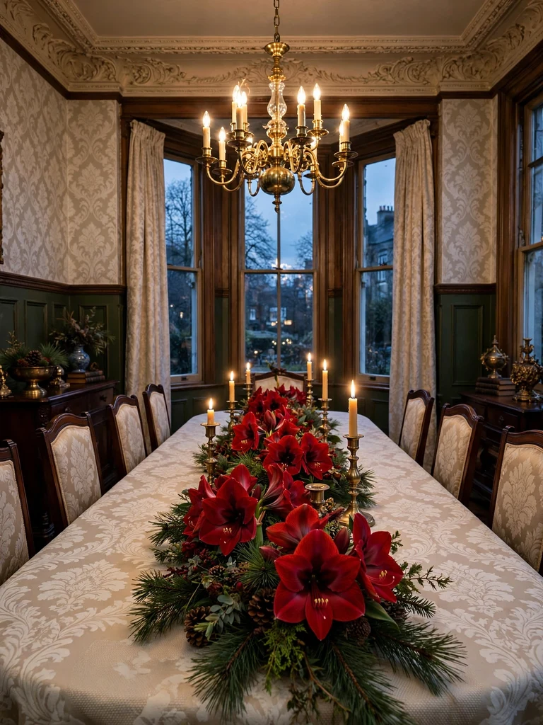 Red amaryllis bloom runner with brass candlesticks down a damask-covered dining table