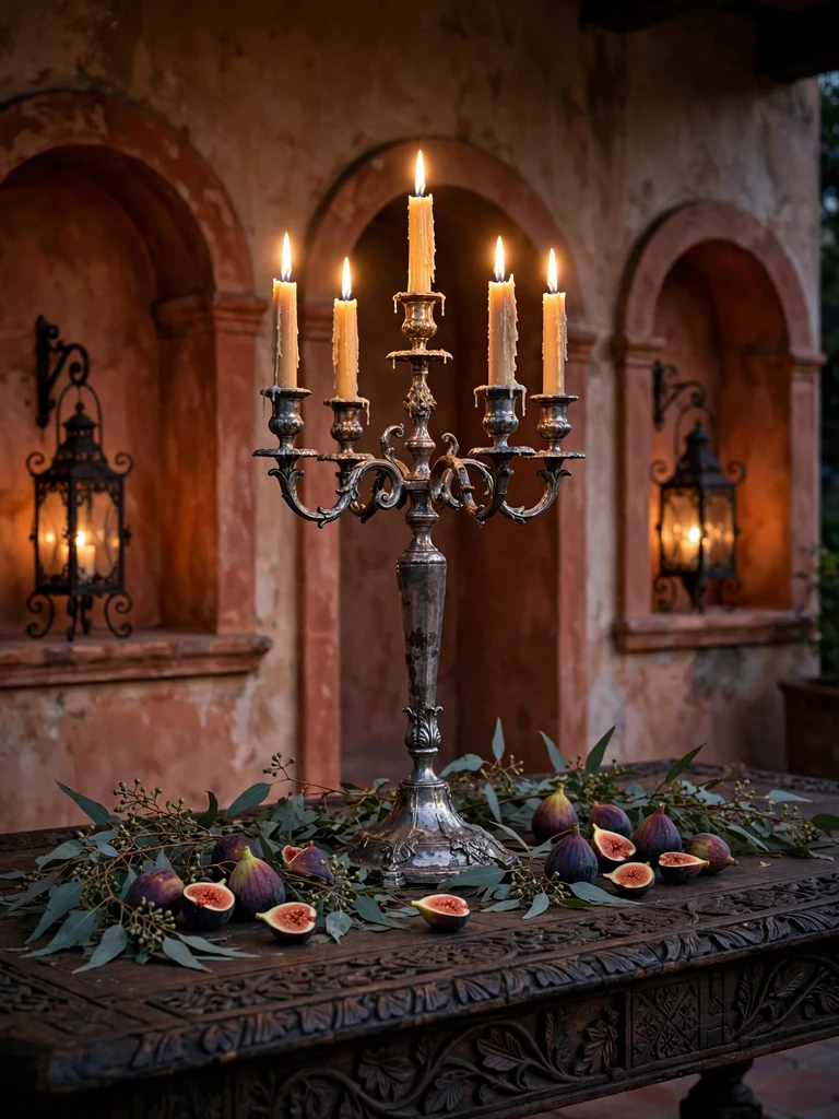 Tall antique silver candelabra with lit tapers surrounded by eucalyptus on carved wood table
