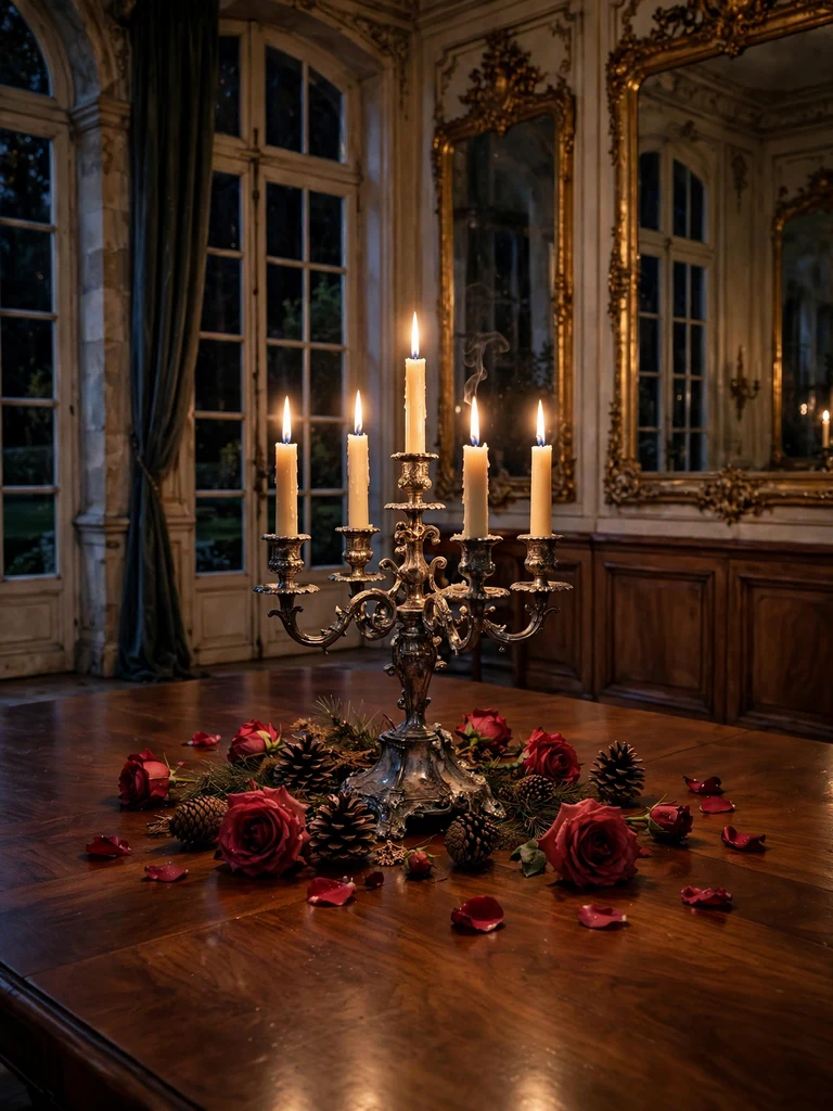 Ornate antique silver candelabra with lit tapers, pine cones and red roses on a walnut table