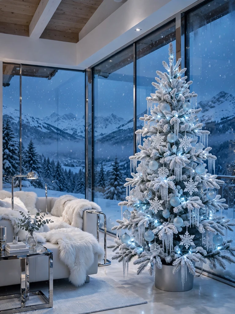Frosted white Christmas tree with silver icicle ornaments in a glass-walled alpine chalet at dusk