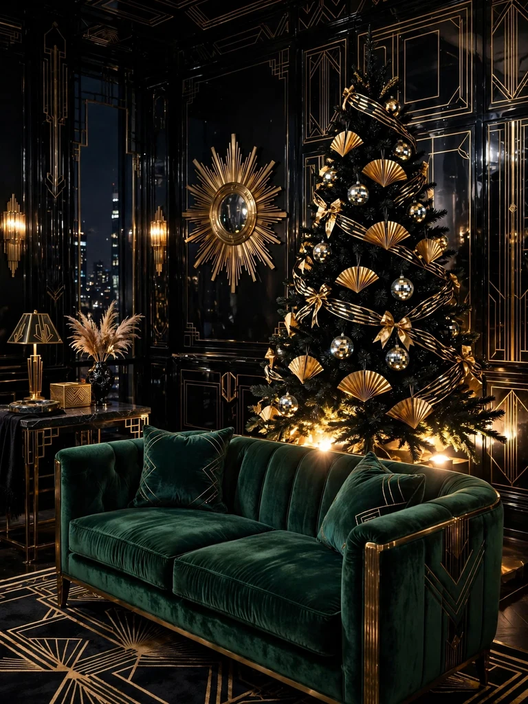 Black Christmas tree with gold geometric ornaments in a 1920s art-deco penthouse lounge