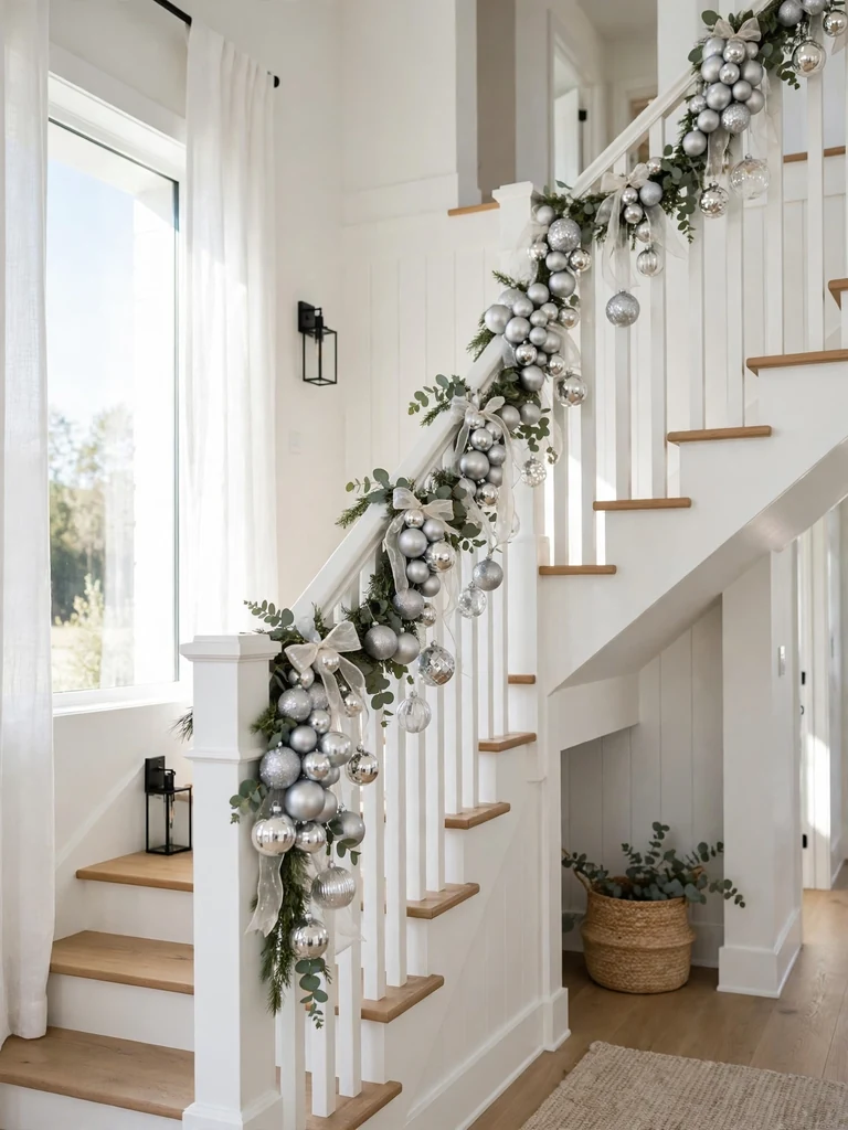 Modern farmhouse staircase with silver ornament clusters and eucalyptus on a white banister at midday