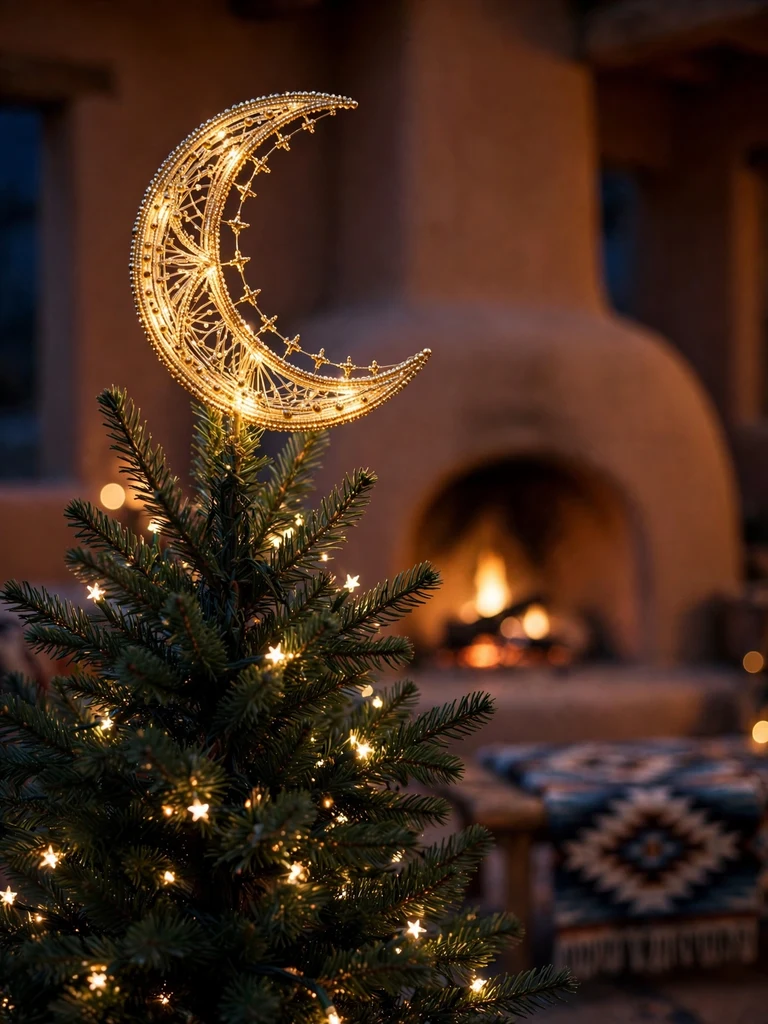 Golden beaded crescent moon tree topper glowing in a desert adobe home at night