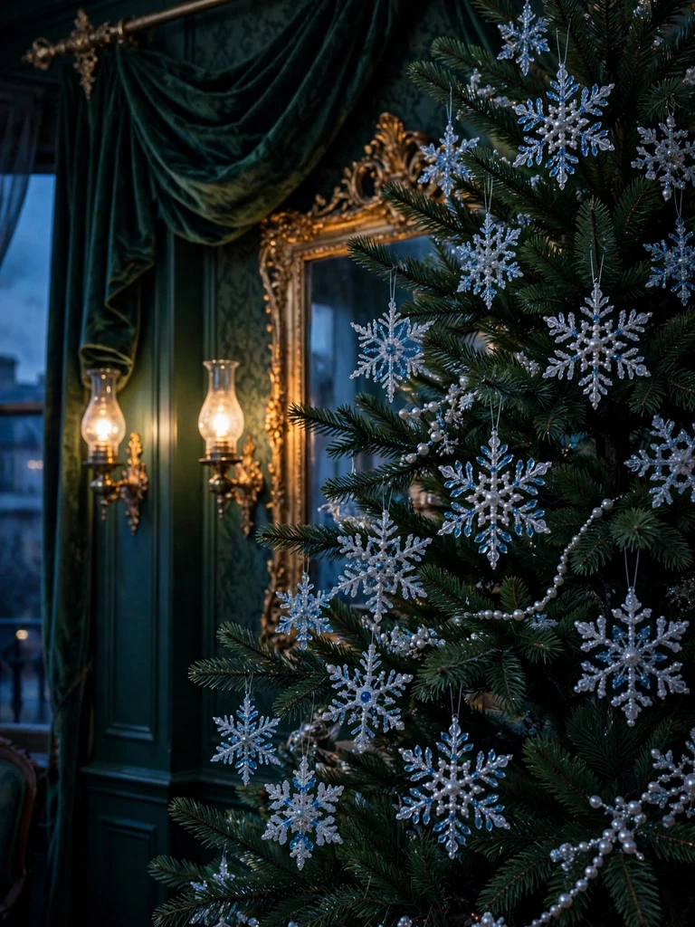 Silver and ice-blue beaded snowflake ornaments on a dark green fir in a Victorian parlor