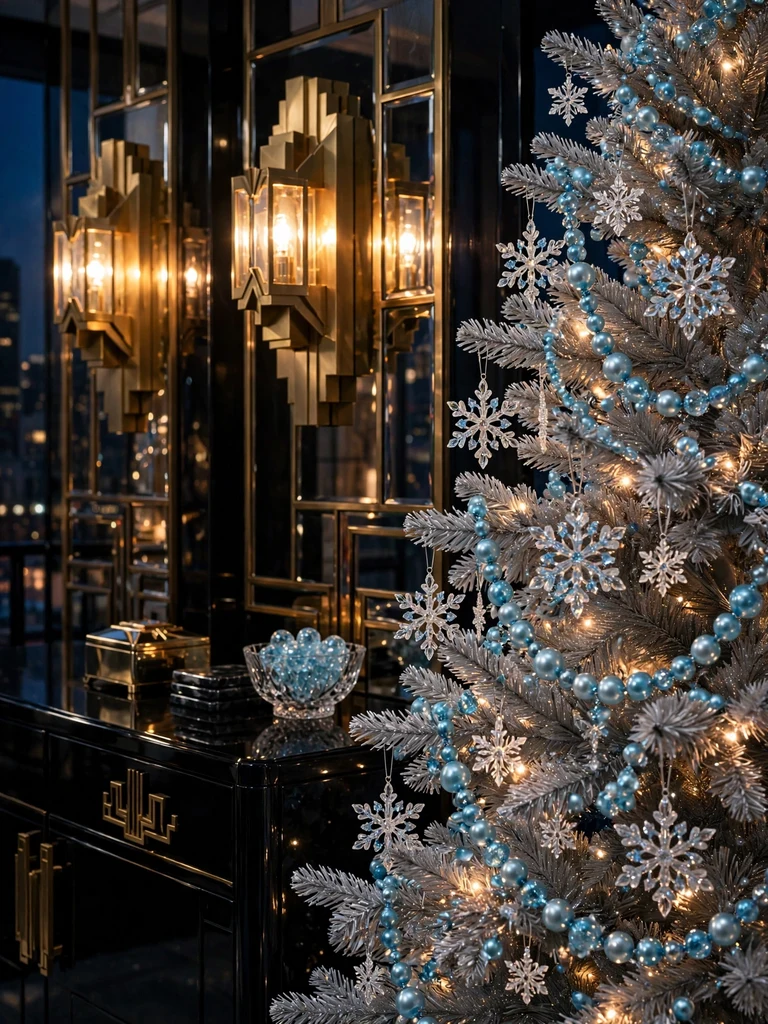 Beaded crystal snowflake pendant ornaments on a silver-frosted tree in an art deco apartment