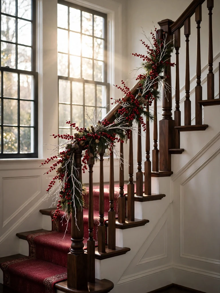 Colonial revival staircase in morning light with red winterberry garlands on a dark wood handrail