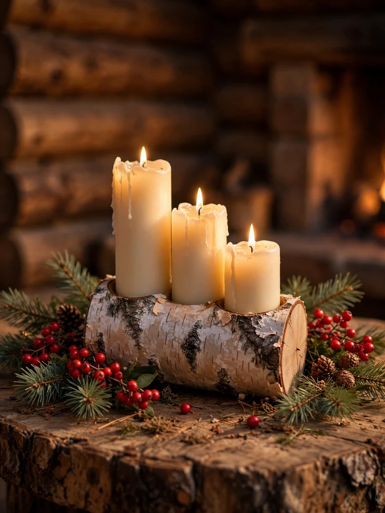 Hollowed birch log candleholder with lit ivory pillar candles and pine sprigs in log cabin