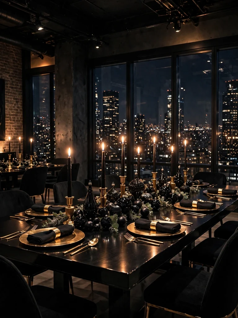 Manhattan loft black-tie Christmas dinner with a black lacquer table, gold chargers and city skyline at night