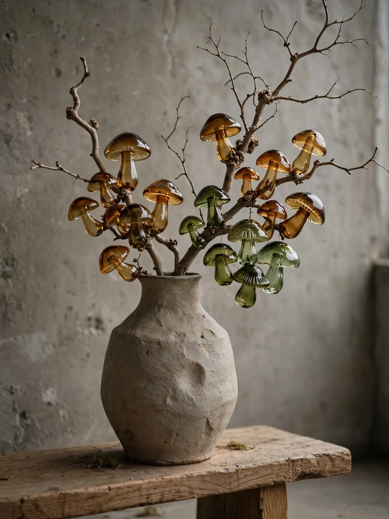 Smoked amber and moss green blown glass mushroom ornaments on a branch in a handmade ceramic vase