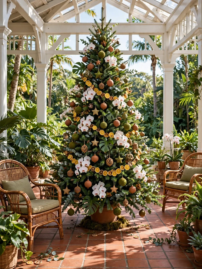 Lush Christmas tree interwoven with orchids and eucalyptus garlands in a tropical conservatory