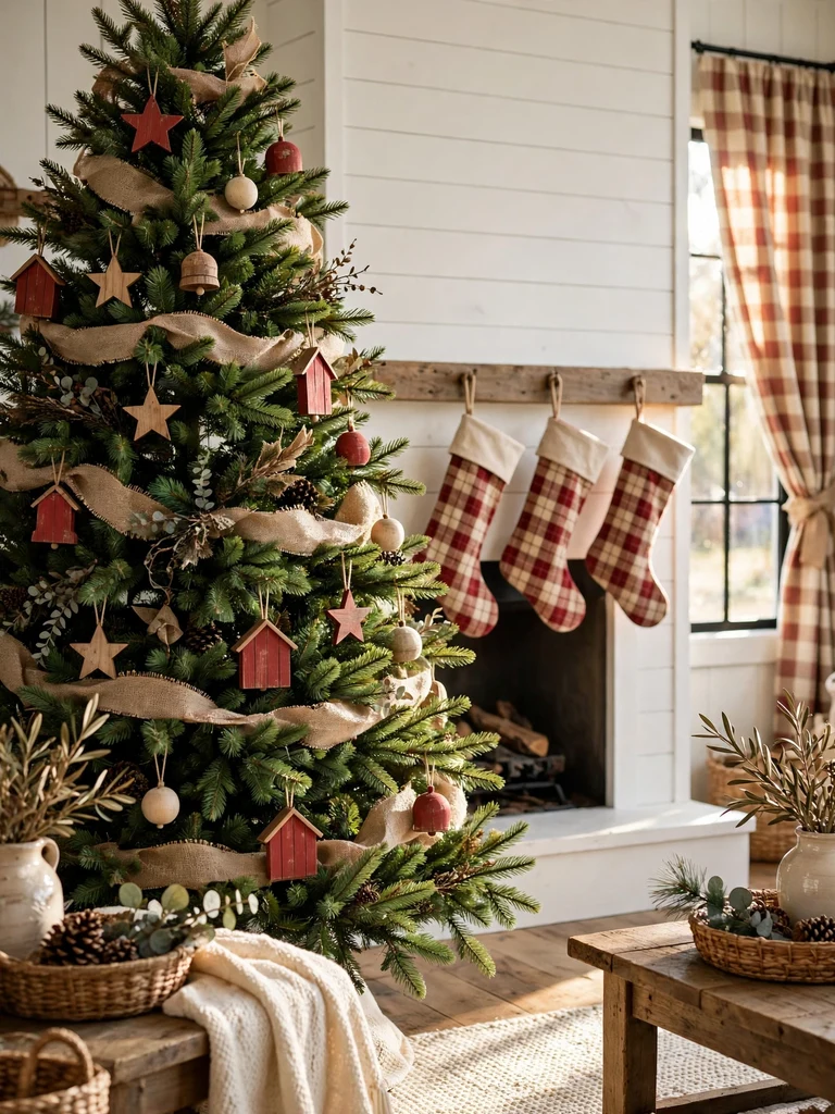 Fully fluffed Christmas tree with red barn-wood ornaments in a farmhouse living room at midday