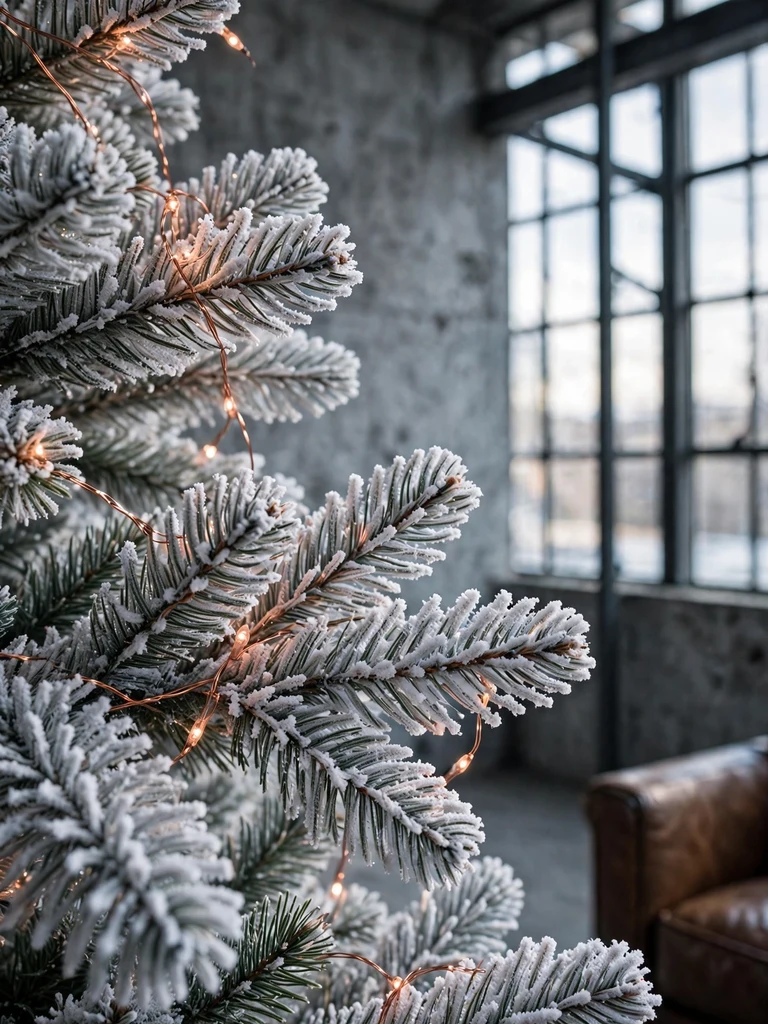Snow-frosted Christmas tree branch tips with copper fairy lights in an industrial loft