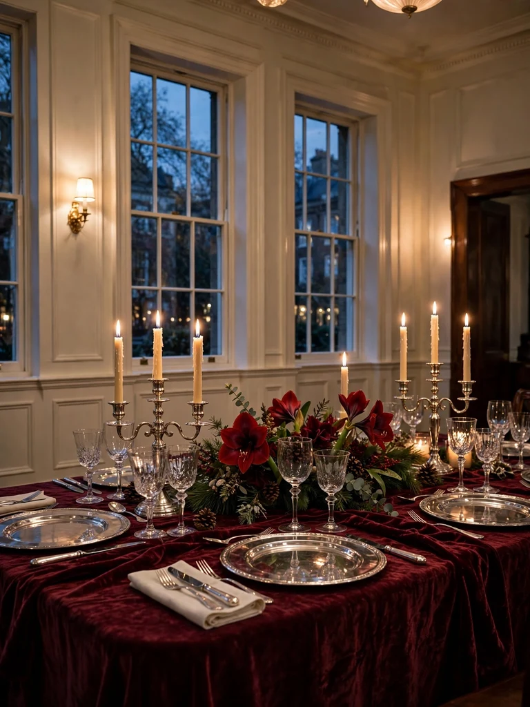 Georgian townhouse Christmas table with a burgundy velvet cloth, silver candelabra and amaryllis blooms at dusk