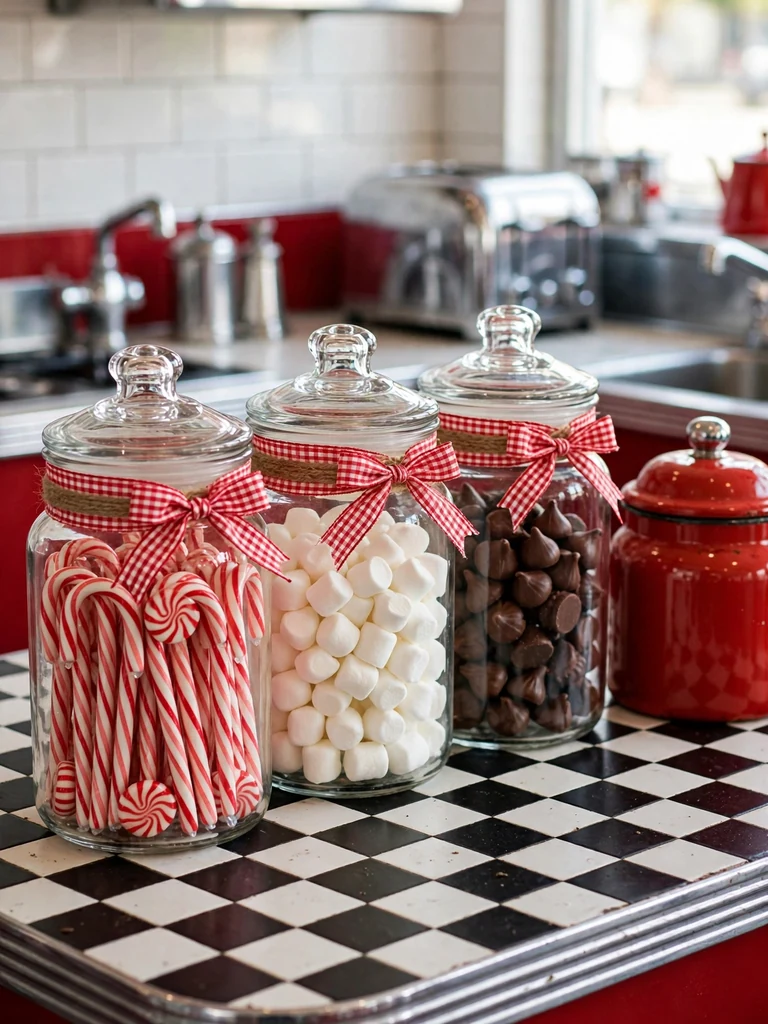 Retro diner kitchen glass canisters filled with candy canes and marshmallows tied with gingham ribbons