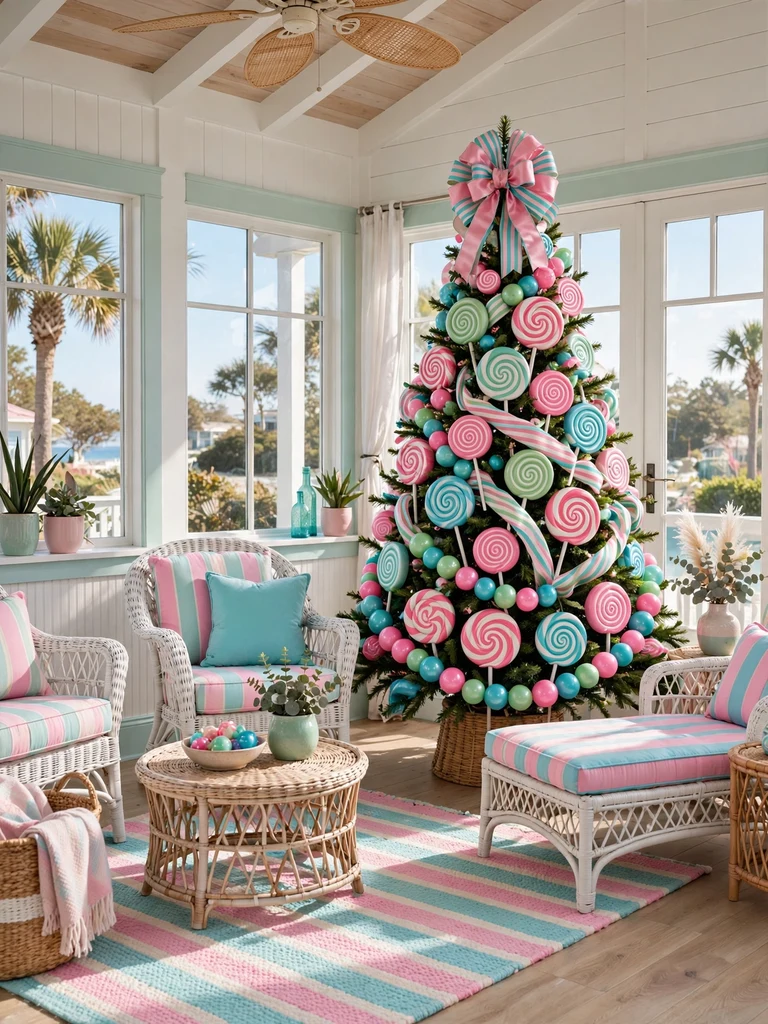 Colorful Christmas tree with lollipop and gumdrop ornaments in a pastel coastal bungalow sunroom