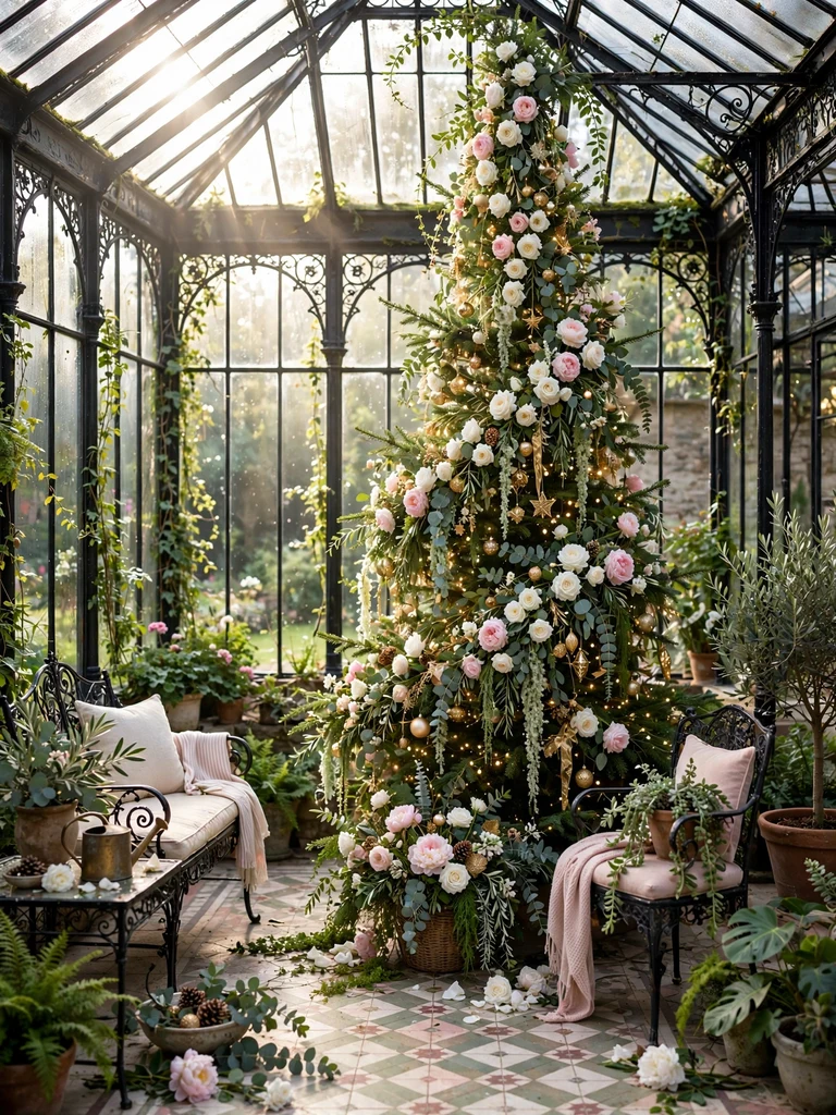 Christmas tree with cascading white roses and eucalyptus in a Victorian conservatory