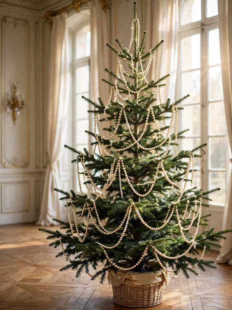 Pearl bead garland strands cascading down a tall spruce Christmas tree in a French chateau salon