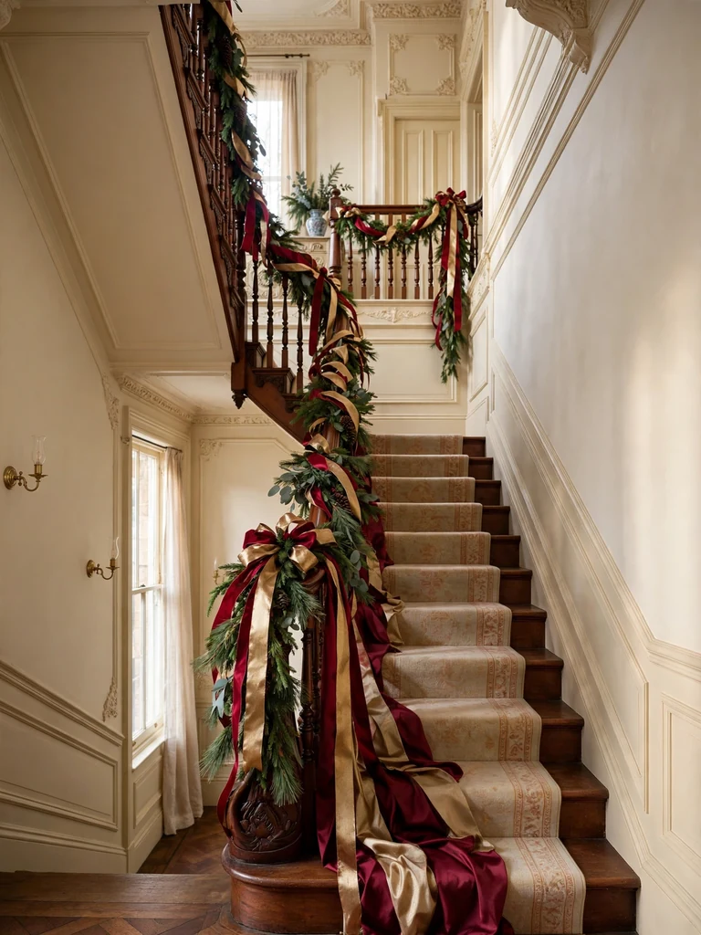 Victorian townhouse staircase with burgundy and gold ribbon garland cascading down the banister in morning light