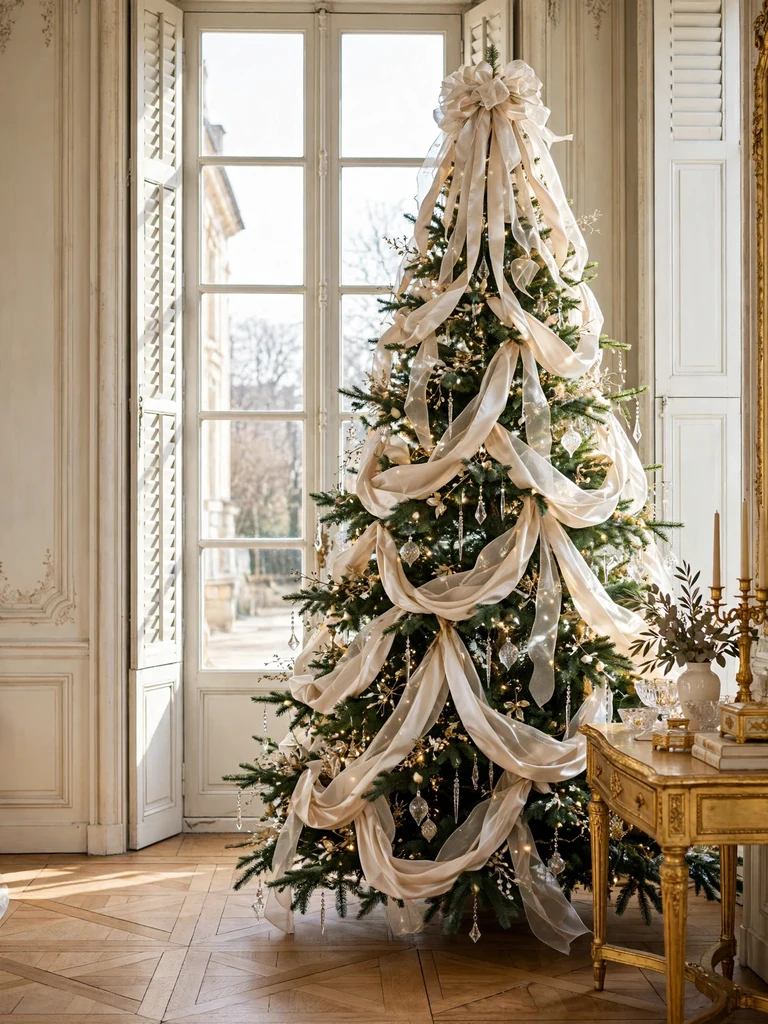 Cascading champagne ribbon waterfall tree topper in a French chateau salon
