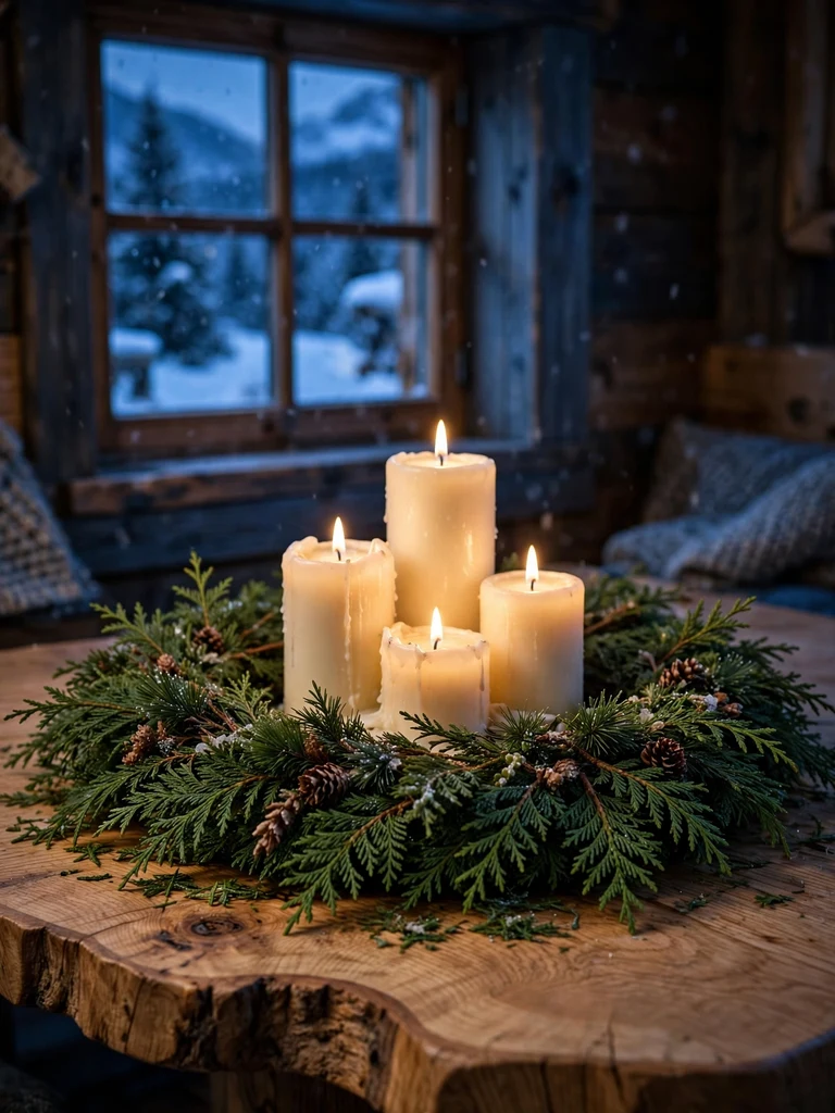 Fresh cedar branch ring encircling lit ivory candles on live-edge oak table in alpine chalet