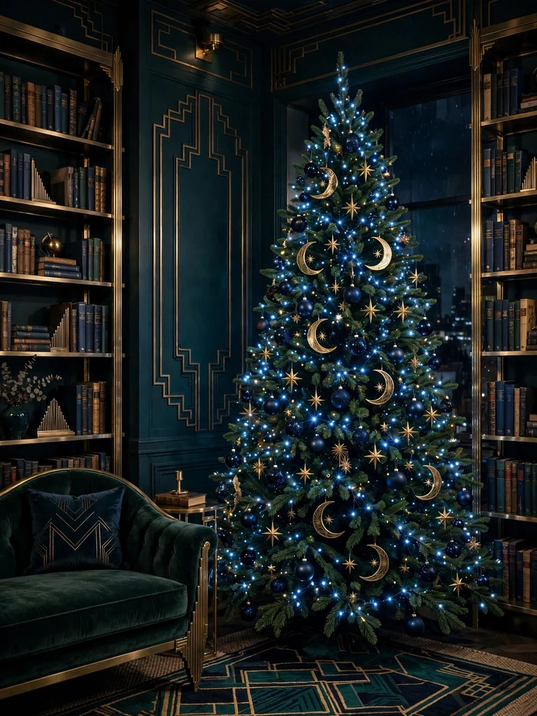 Deep-green Christmas tree with gold moon and star ornaments in a moody art-deco library