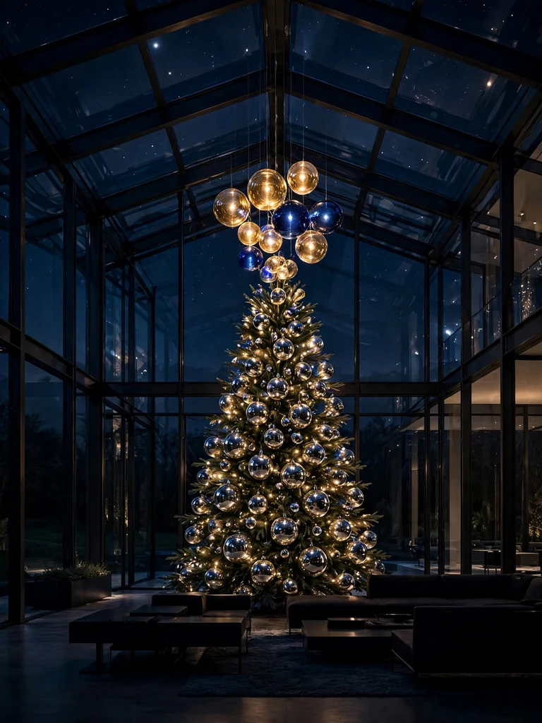 Glowing celestial orb cluster tree topper in a modern glass pavilion house at night