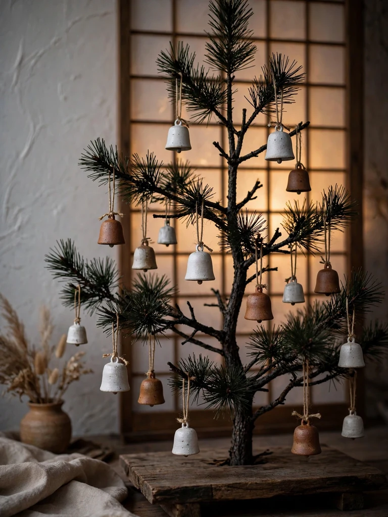 Handmade matte ceramic bell pendants on a sparse black pine Christmas tree in a wabi-sabi living room